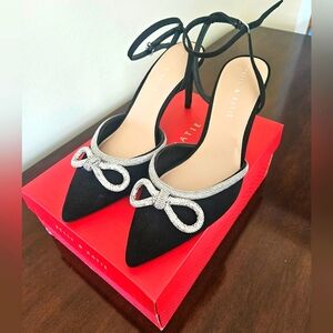 Kelly & Katie Black Suede Rhinestone Bow Heels